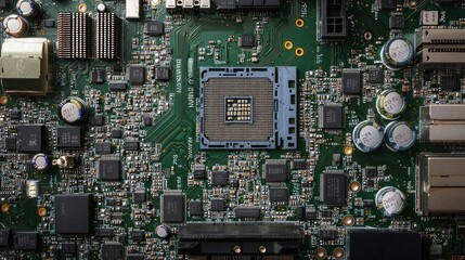 A close-up of a computer motherboard with various electronic components and connectors.