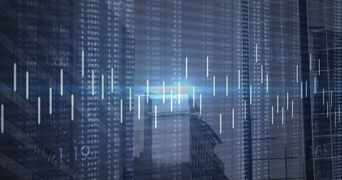 Overlaying financial data on downtown skyline, with stock symbols, percentages and candlestick bars - Powered by Adobe