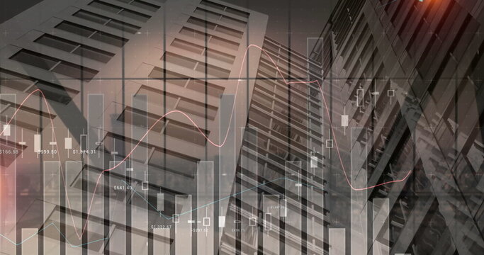 Overlaying glass skyscraper facades with financial data in city skyline, featuring candlestick bars