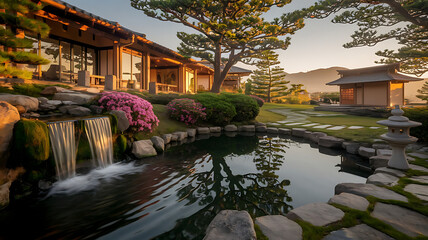 Japanese garden with fountain and garden