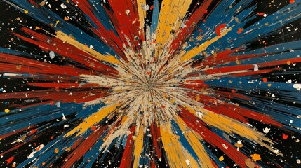Colorful explosion of paint with a black background. The colors are bright and vibrant, creating a sense of energy and excitement. The painting seems to be abstract