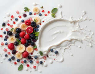 Healthy Yogurt Splash and Berries with Citrus Fruit on Bright White Background

