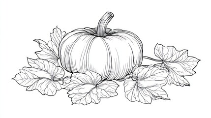 A detailed illustration of a pumpkin with leaves, rendered in black and white