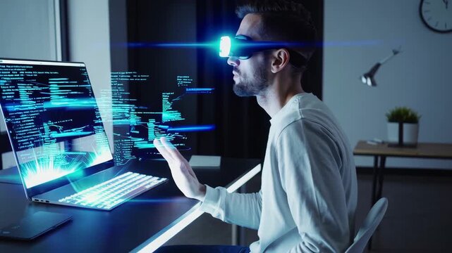Man Using Virtual Reality Headset to Interact with Computer Display and Digital Data Visualizations at Desk