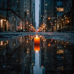 Fototapeta premium Urban night scene with a candle in a puddle