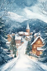 Fototapeta premium A charming winter village scene, perfect for Christmas design, with snow-covered houses, snowflakes and a calm holiday atmosphere.