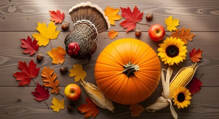 Naklejka premium Autumnal Abundance: Thanksgiving Harvest Still Life with Turkey, Pumpkin, and Sunflowers