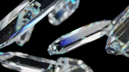 A mesmerizing 3D animation of realistic, brilliant diamonds and quartz crystals slowly rotating and floating against a black background with rainbow refractions. - Powered by Adobe