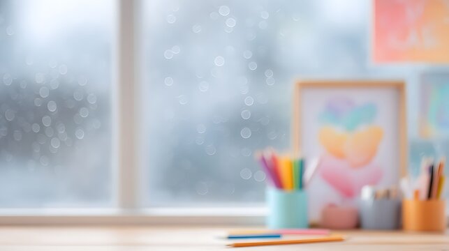 blurred image of a child’s study corner with colorful stationery and motivational posters, rain outside window