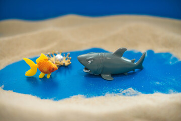 The concept of psychology. Sand therapy. A shark figurine attacking a goldfish, on the sand in a blue sandbox. Psychology. Therapy. PTSD. Confrontation. Aggression.