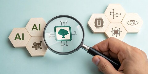 Magnifying glass examines ai technology and digital innovation