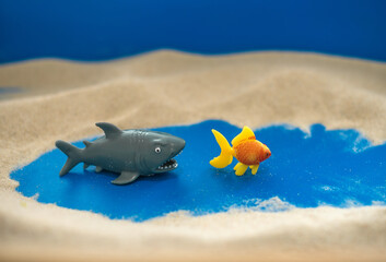 The concept of psychology. Sand
therapy. Shark figurines swimming after a goldfish, on the sand in a blue sandbox. Psychology. Therapy. PTSD. Confrontation. Aggression.