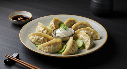 Golden Spiral Composition of Japanese Gyoza with Cream and Sauces