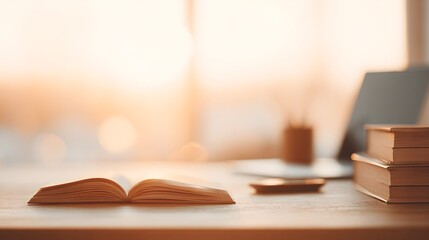 blurred image of a student’s morning routine: open books, laptop, smartphone notifications about class, sun streaming