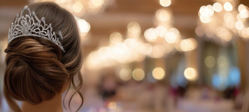 The elegant bride showcasing a stunning tiara in a beautifully lit reception hall.