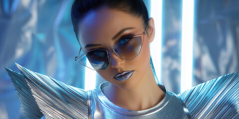 Portrait of futuristic model in silver outfit, perfect for space-themed fashion and cosmic style visuals.