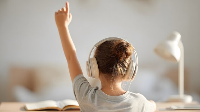 blurred image of a young learner wearing headphones and raising hand virtually, study desk with notebook and lamp