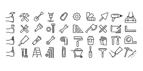 Set of line drawing icons about carpentry tools in vector monochrome