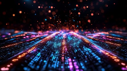 Colorful, abstract image of a cityscape with bright lights and a lot of numbers. Concept of energy and excitement, as well as the idea of a futuristic, high-tech environment