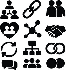 Social Connection & Networking Icons – Black Silhouette Communication Symbols, Teamwork, Link, Handshake, Messaging, Relationship, Collaboration, Sharing, Integration, and Group Structure Icons for Bu