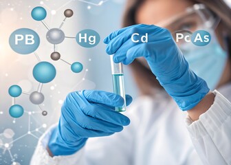 Scientist in lab gloves analyzes toxic elements in medical research