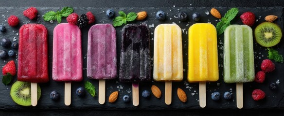 The vibrant assortment of colorful frozen popsicles on a slate platter