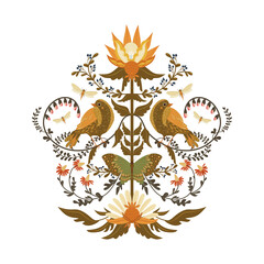 Colorful floral design with birds and butterflies in decorative ornament.