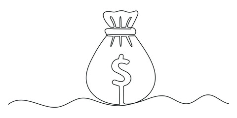 Dollar money bag continuous one line drawing. Hand holding coin continuous one line drawing, Continuous one line drawing of money bag.  Hand drawn symbol vector Illustration.