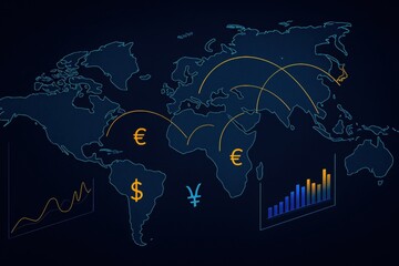 Global Currency in Action: A vivid illustration of international commerce unfolds, with currency symbols adorning a world map, interconnected by dynamic lines symbolizing global financial flow.