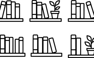 Obraz premium Bookshelf with Books and Potted Plant Icon Set 