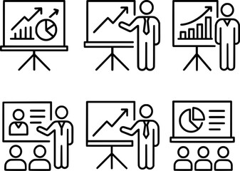 Business pitch presentation icons set for strategy meeting and sales briefing vector illustrations 