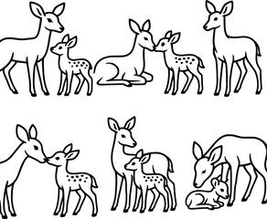 Obraz premium Deer with Fawn Line Art Wildlife Vector Illustration Set 