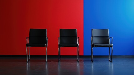 Obraz premium Three black chairs against a red and blue wall.