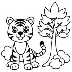 Cute cartoon tiger cub sitting next to a stylized tree and bushes in black and white outline drawing
