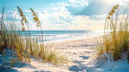 A serene beach scene with tall grass and the ocean in the background.