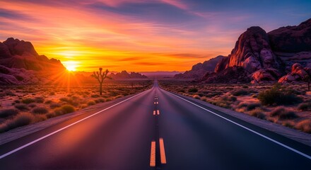 Endless Desert Highway at Fiery Sunset with Dramatic Rocky Landscape and Joshua Tree Silhouette