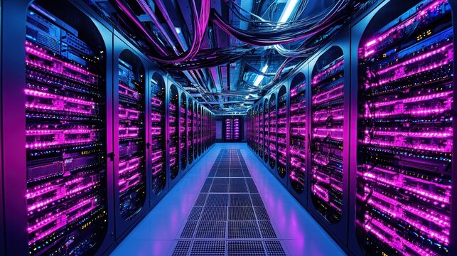 A server room with rows of servers and cables, illuminated with purple and blue lights.
