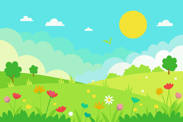 Naklejka premium Bright Spring Meadow with Flowers and Gentle Hills vector illustration