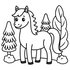 Cute cartoon horse standing in a forest with trees and bushes for coloring