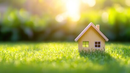 A small wooden house on a grassy lawn with a sunlit background.