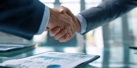 The handshake signifies a successful partnership in a corporate environment.