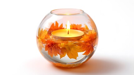 A lit candle floating in a glass bowl filled with autumn leaves. The flame casts a warm glow.