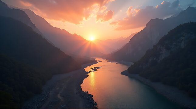 Dramatic sunset view over a serene river winding through majestic mountains