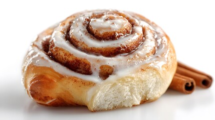 Fototapeta premium Delicious cinnamon roll with icing, and cinnamon sticks. The warm, inviting aroma of the pastry, a treat for all ages 