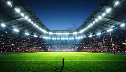 A large, illuminated stadium at night, filled with spectators, ready for a rugby match.
