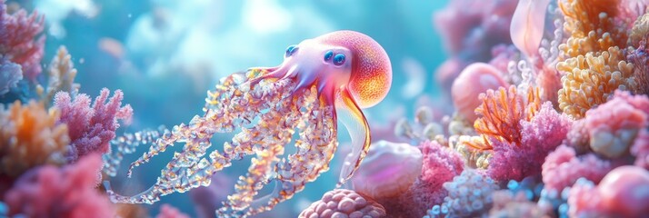Obraz premium Coral Reef Octopus - A vibrant pink octopus gracefully swims amidst a colorful coral reef, showcasing intricate details and soft lighting