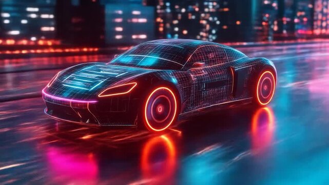 Futuristic Car with City Night Drive.