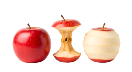 Red Apples Showcased Whole, Bitten, and Peeled on Dark Background, Representing Stages of Consumption