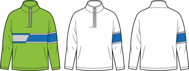 ong sleeve half zip pullover flat technical sketch, cad fashion illustration, color blocked sweatshirt, apparel design vector template © Rahul Creatives