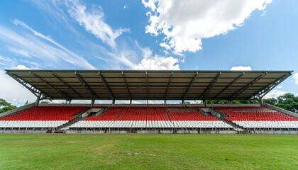 A covered stadium stands empty under a partly cloudy sky, its red and white seats awaiting spectators.